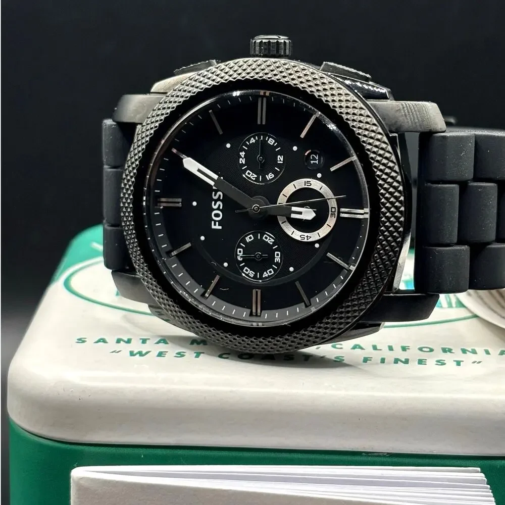 Fossil FS4487 Men's Machine Chronograph Black Silicone Strap Watch NIBWT